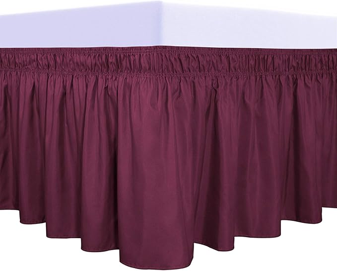 PureFit Wrap Around Ruffled Bed Skirt with Adjustable Elastic Belt - 14 Inch Drop Easy to Put On, Wrinkle Free Bedskirt Dust Ruffles, Bed Frame Cover for Twin,Twin XL and Full Size Beds, Wine