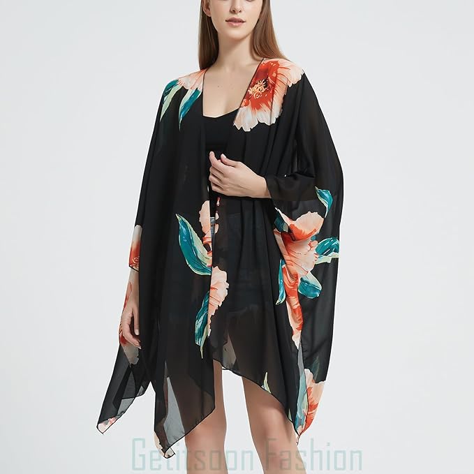 Women's Bohemian Floral Chiffon Beach Cover up Swimsuit Kimono Summer Swimwear Cardigans