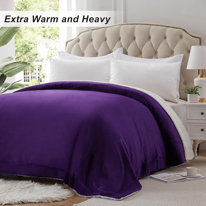 KAWAHOME Sherpa Fleece Twin Size Blanket for Bed - Extra Warm and Heavy Thick Blankets for Winter, Super Soft 500GSM Plush Blanket, 66"X 90" Purple