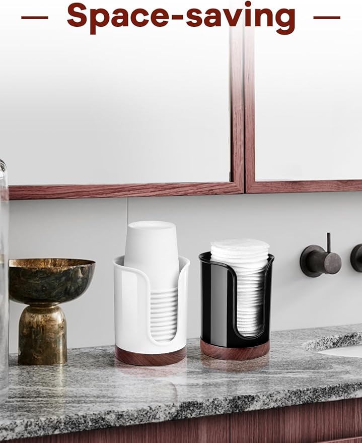 Premium Bathroom Cup Dispenser - Compact Cup Holder for Dixie Cups 3 oz Cups, 3 4 Ounce Mouthwash Cup Dispenser - PC/Walnut, White, Pack of 1