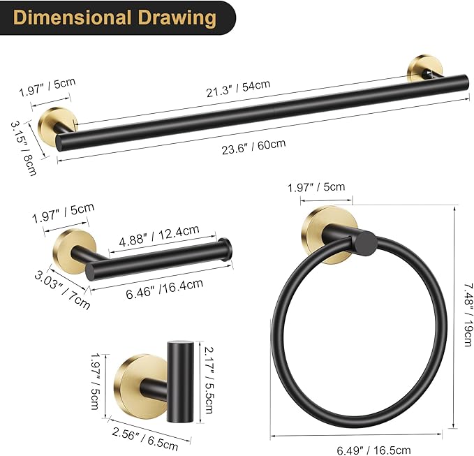 Lairuier 5 Pieces Black Gold Bathroom Accessories Set, 23.6 Inch Bath Towel Bar Set, SUS304 Stainless Steel Bathroom Hardware Set Round Toilet Paper Holder Set Wall Mounted