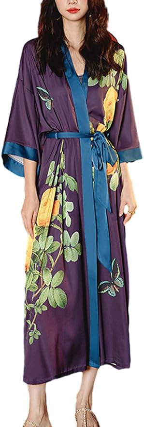 Silk Satin Robe for Women Long Japanese Kimono Robe Lightweight Soft Bathrobe Floral Luxury Dressing Gown
