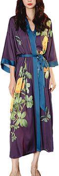 Silk Satin Robe for Women Long Japanese Kimono Robe Lightweight Soft Bathrobe Floral Luxury Dressing Gown