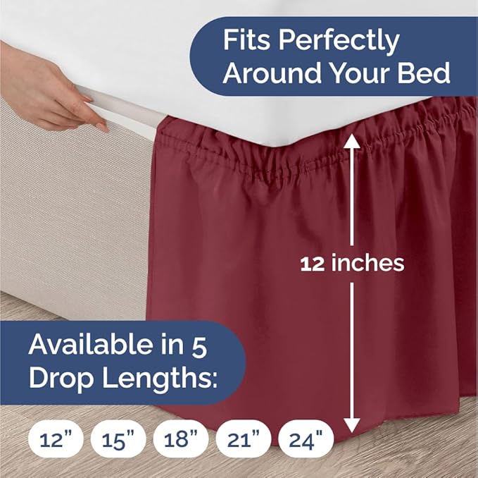 Wrap Around Dust Ruffle Bed Skirt - Burgundy - for Full Size Beds with 12 Inch Drop - Easy Fit Elastic Strap - Adjustable Pleated Bedskirt w/Brushed Fabric Wrinkle Free - for Women, Men, Kids & Teens