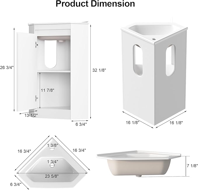 24"Corner Bathroom Vanity Sink Combo for Small Space,Freestanding Storage Cabinet with Sink,Soft-Close Function,Modern Wall Mount Sink Vanity (No Faucet)