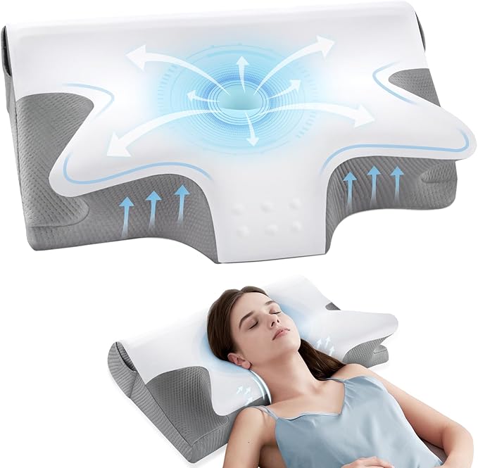 Effective Pain Relief Cervical Neck Pillow for Sleeping, Memory Foam Pillows for Neck Support, Odorless Contour Side Pillow, Ergonomic Bed Pillow for Back Stomach Sleeper (White and Grey)