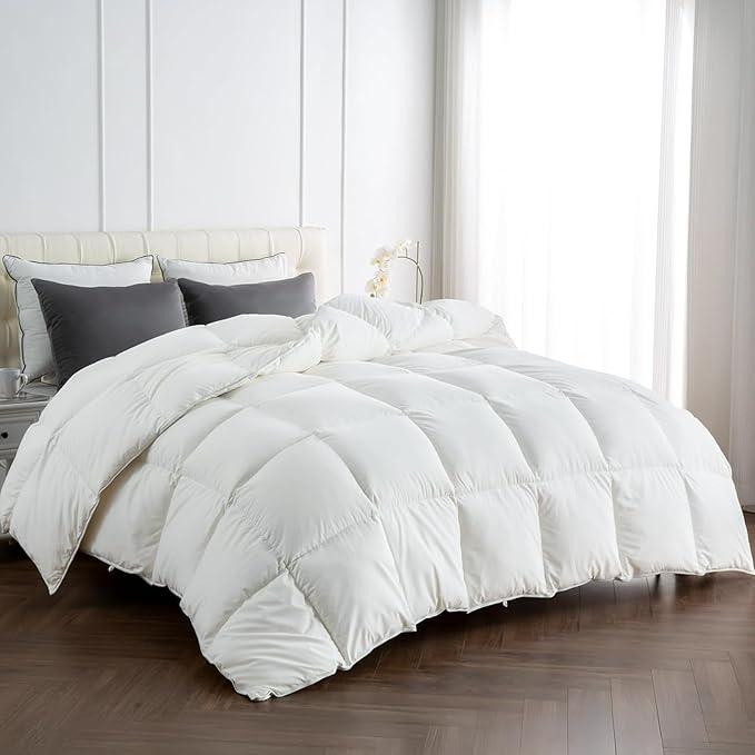 APSMILE Premium Down Feather Fibers Comforter King Size, All Season Duvet Insert King with 8 Corner Tabs, Ultra Soft Poly-Cotton Cover Down Feather Fibers Comforter (White, 106 * 90")