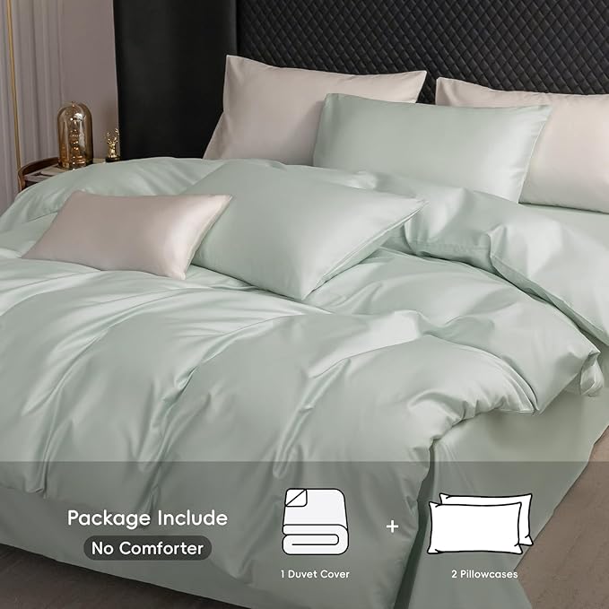MooMee Duvet Cover Set 100% Extra Long Staple Cotton 600 Thread Count Silky Sateen Smooth Luxury Soft Breathable Durable Hotel Quality Bedding, 3 Pieces (Sage Green, King 104"x90")