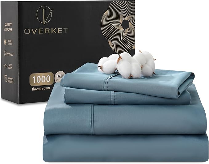 1000 Thread Count Egyptian Cotton Sheets Queen Size Set Sateen Weave Soft Breathable 16-Inch Deep Pocket 4PCS（Queen,Dusty Blue）