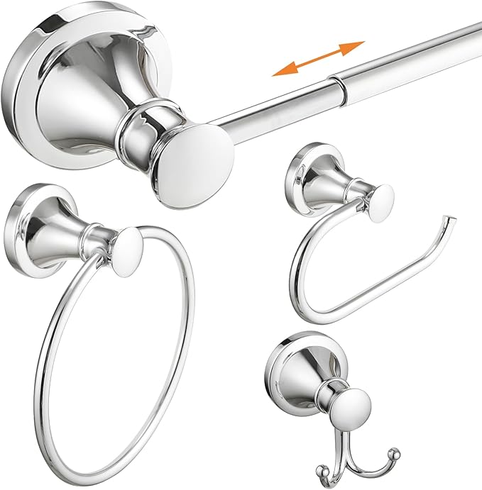 Hoimpro Chrome 4-Piece Bathroom Bath Set, Wall Mount Bathroom Hardware Fixture (Adjustable Towel Bar Rack, Towel Ring Holder, Paper Towel Holder, Double Towel Hook), Bathroom Accessories