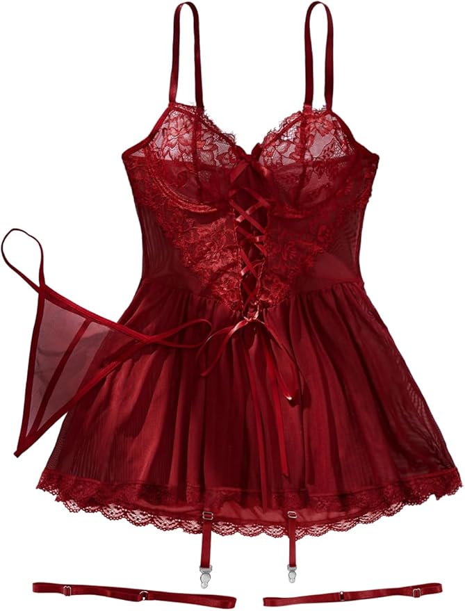 Lilosy Sexy Garter Belt Mesh Lace Babydoll Lingerie Dress Set with Thong