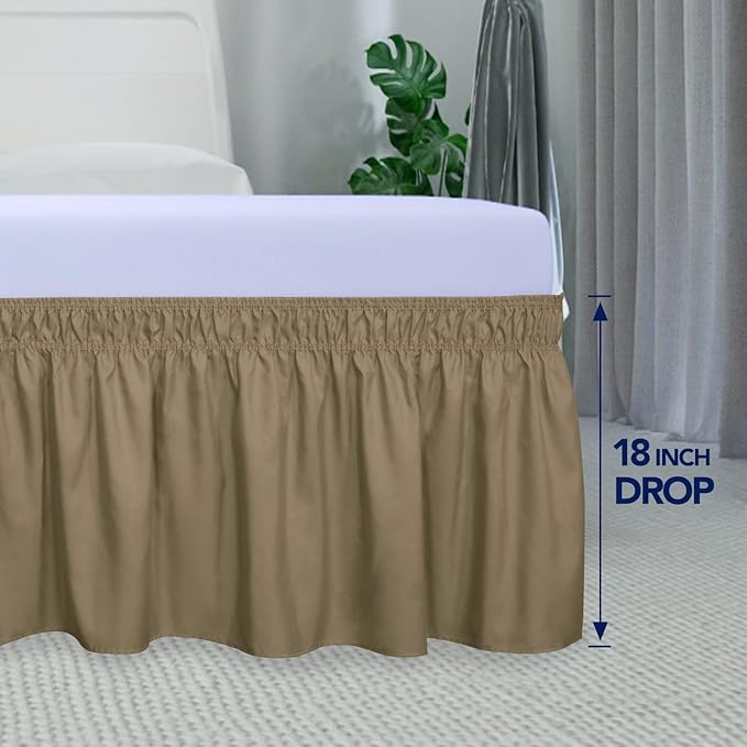 PureFit Wrap Around Ruffled Bed Skirt with Adjustable Elastic Belt - 18 Inch Drop Easy to Put On, Wrinkle Free Bedskirt Dust Ruffles, Bed Frame Cover for Queen, King and C-King Size Beds, Camel