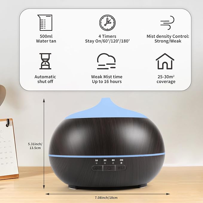 HAPPTWS 500ML Essential Oil Diffuser - BPA Free Ultrasonic Aromatherapy Diffuser, with 7-Color Lights Waterless Auto Shut Off for Home、Room、pet Room - Black
