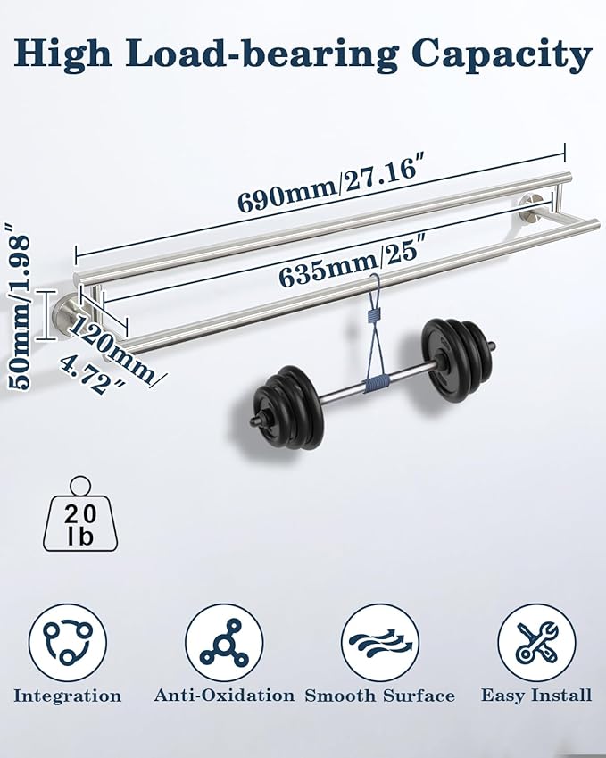 Alise Double Bath Towel Bars Towel Racks for Bathroom Lavatory,28 Inch Wall Mount Towel Holder SUS304 Stainless Steel Towel Hanger Towel Rail,GYT6902-700-LS Brushed Nickel