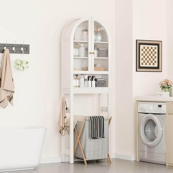 Over The Toilet Storage Cabinet, 23.7”W Modern Storage Cabinet Over Toilet with Acrylic Doors, Arched Freestanding Over Toilet Rack with Adjustable Shelf for Bathroom, Antique White