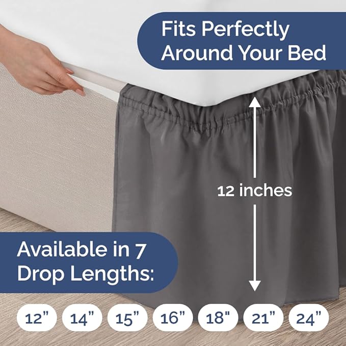 Wrap Around Dust Ruffle Bed Skirt - Dark Grey - Twin/Twin XL Size Beds with 12 Inch Drop - Elastic Strap - Adjustable Pleated Bedskirt with Brushed Fabric and Wrinkle Free - Women, Men, Kids & Teens