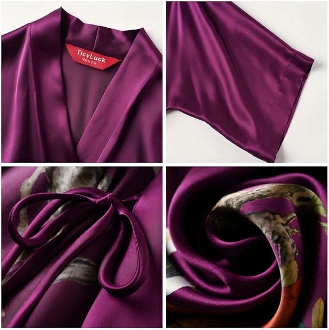 Women's Silk Kimono Robe Long Bathrobe Nightgown 100% Mulberry Silk for Women - Classic Floral Pattern