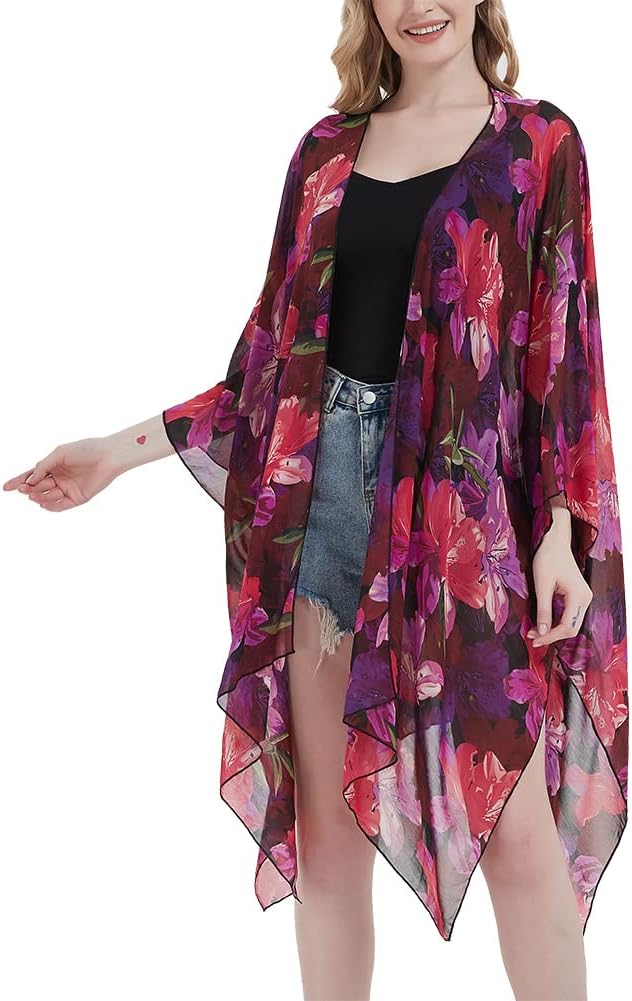 Women's Bohemian Floral Chiffon Beach Cover up Swimsuit Kimono Summer Swimwear Cardigans
