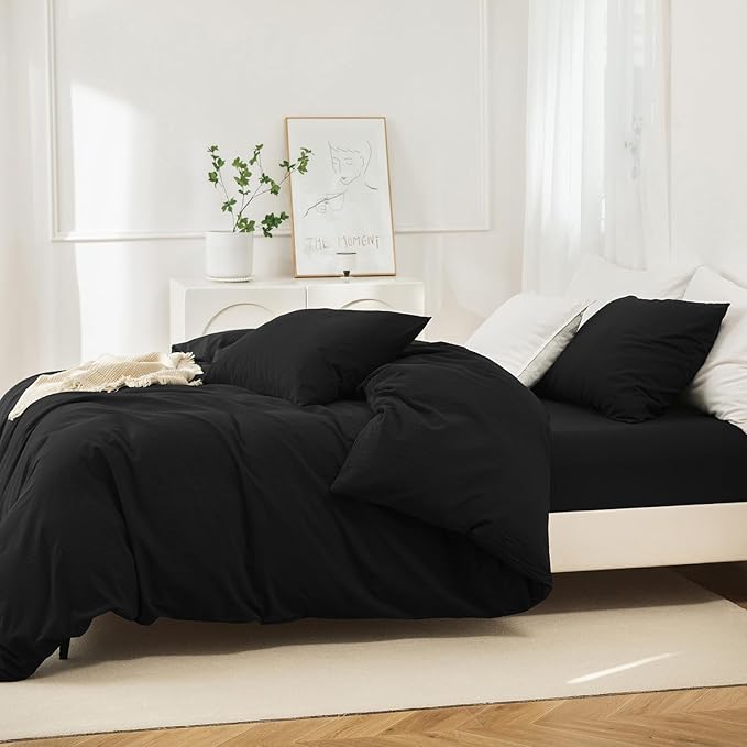JIYUAN 100% Washed Cotton Duvet Cover Set 3 Pieces Oversized King, 1 Duvet Cover 120x98 Inches(Comforter Not Included) and 2 Pillowcases,Linen Feel Bedding Set Comfy and Breathable,Black