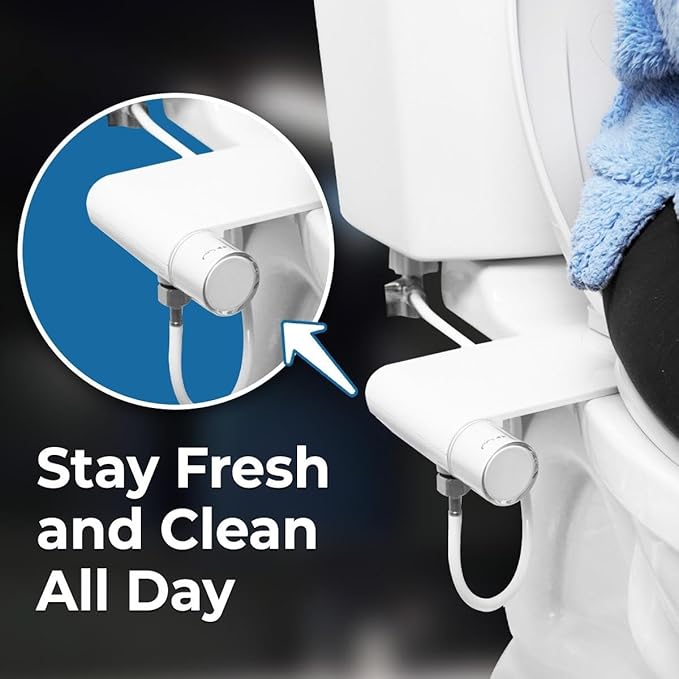 Rear & Feminine Right Handed Ultra Thin Bidet Attachment for Toilet with Self Cleaning Dual Nozzles - No Wiring Needed - Easy DIY Install - Includes Hybrid Brass 3-way T with ON/OFF & Travel Bidet