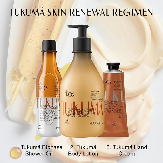 Natura – Tukumã Body Care Bundle – Hyaluronic Acid Boosting Body Lotion, Biphase Shower Oil & Hand Cream – Deep Hydration, Improves Texture & Elasticity, Vegan Brazilian Skincare Set