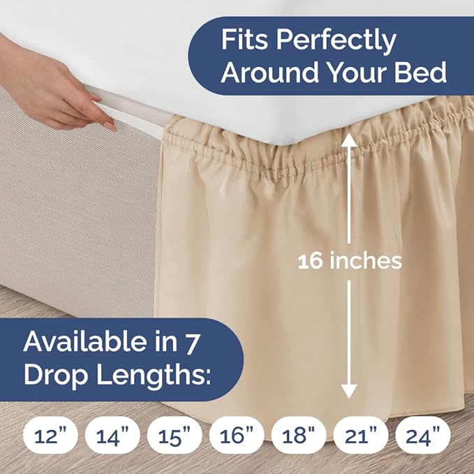 Wrap Around Dust Ruffle Bed Skirt - Cream - for Full Size Beds w/ 16 Inch Drop - Easy Fit Elastic Strap - Adjustable Pleated Bedskirt w/Brushed Fabric, Wrinkle & Fade Free Women, Men, Kids & Teens