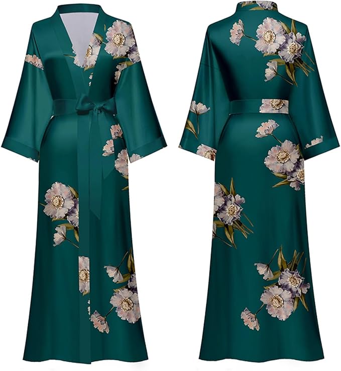 Silk Satin Robe for Women Long Japanese Kimono Robe Lightweight Soft Bathrobe Floral Luxury Dressing Gown