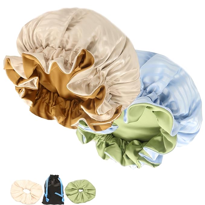 Satin bonnet 2PCS silk hair bonnet cap for women reversible for sleeping Adjustable Night sleep cap for curly natural hair double-layer and Washable Can Be Used Shower (Apricot &Blue stripe)