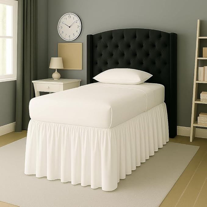 Cottingon Dorm Bed Skirt Twin XL 42" with Split Corners, 100% Microfiber Soft and Stylish, College Room Essential, Extra Long Dust Ruffle for Extended Beds, White