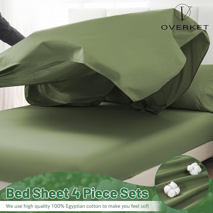 Egyptian Cotton Sheets Full Size 1000 Thread Count Sateen Weave Soft Breathable 16-Inch Deep Pocket 4PCS（Full,Olive Green）