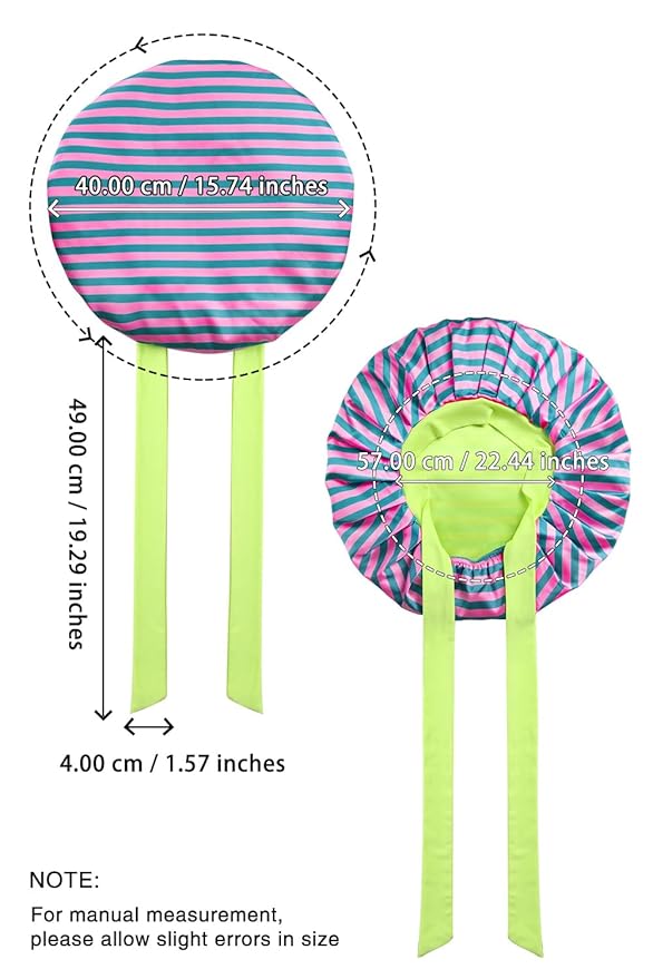 Floral Satin Bonnet For Sleeping Women Double Layer Pleated Design Adjustable Shower Cap For Curly Hair Pink Green Stripes