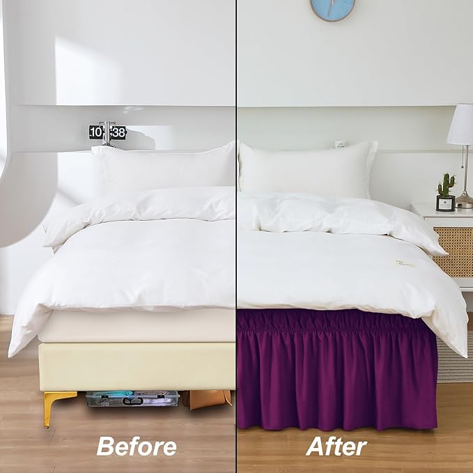 MEILA Queen Bed Skirt, Wrap Around Ruffle Bed Skit for Queen Beds with 16 inch Drop, Elastic Dust Ruffles Easy Fit Wrinkle & Fade Resistant, Purple