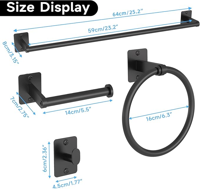 20 Pieces Bathroom Hardware Set, Black Bathroom Accessories Set, 24 inch Towel Bar, Towel Racks for Bathroom, Robe Towel Hooks, Toilet Paper Holder Wall Mounted