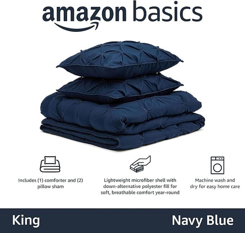Amazon Basics Soft, Lightweight King Size Comforter Sets, All-Season Down-Alternative 3-Piece Bedding Set, Pinch Pleat Design, Navy Blue