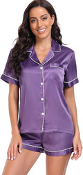 Women's Satin Pajama Set 2-Piece Sleepwear Loungewear Button Down Short Sleeve Silky PJ Set