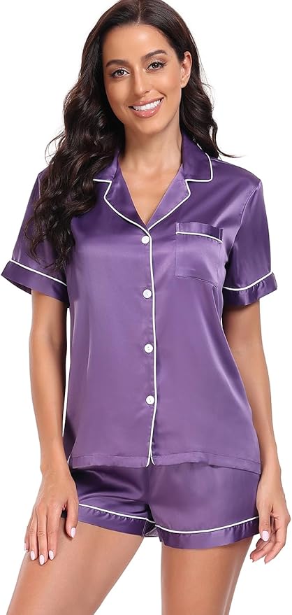 Women's Satin Pajama Set 2-Piece Sleepwear Loungewear Button Down Short Sleeve Silky PJ Set