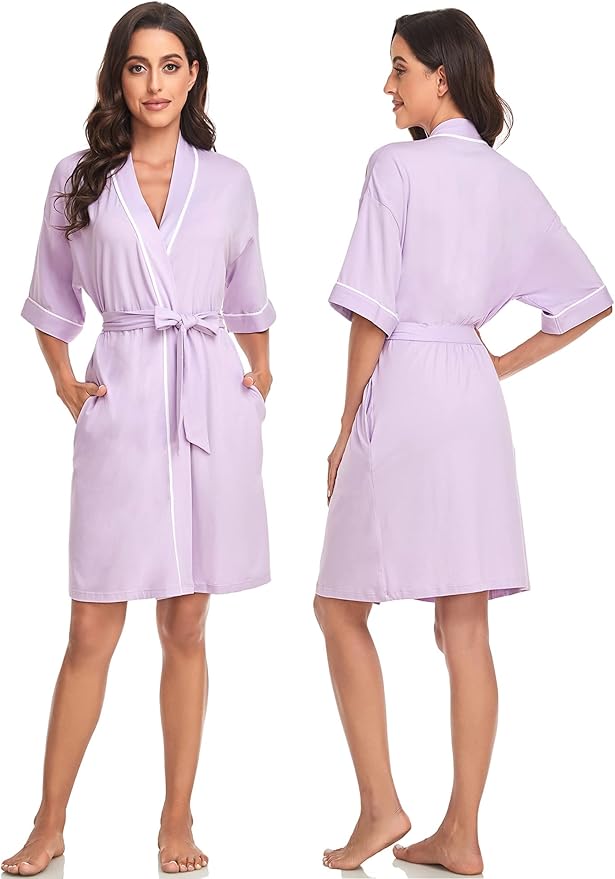 COLORFULLEAF Womens Bamboo Short Robes Lightweight Kimono Cotton Robe Soft Knit Bathrobe Ladies Loungewear with Pockets