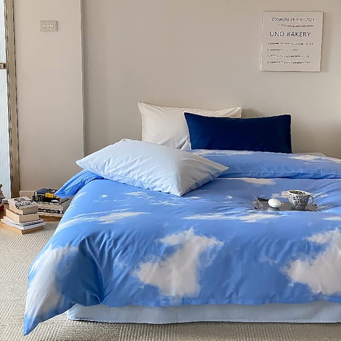 KAREVER Blue Cloud Comforter Set Cal King Size Sky Theme Bedding Women 3 Pieces Soft Light Blue California King Plus Size Bed Blanket Set All Season