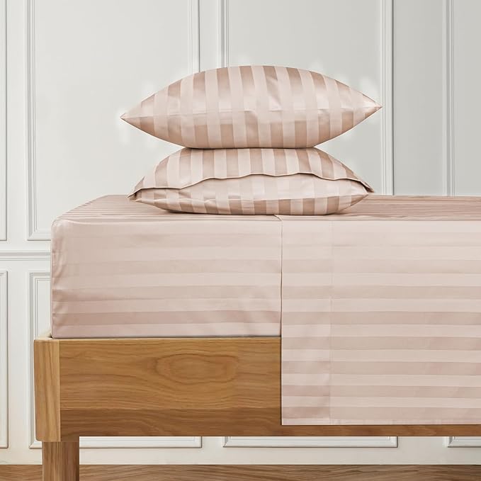URBANHUT 1000 Thread Count Damask Striped Queen Size Egyptian Cotton Sheets, Long Staple Soft & Breathable, 4 Pc Bed Sheet Sets, Luxury Hotel Sateen Sheets Fits 16" Deep Pocket - Blush Pink