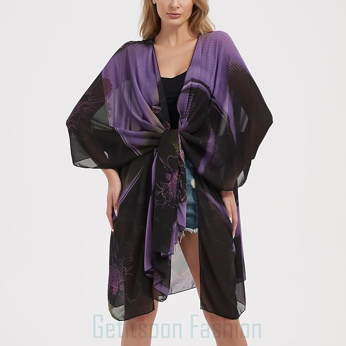 Women's Bohemian Floral Chiffon Beach Cover up Swimsuit Kimono Summer Swimwear Cardigans