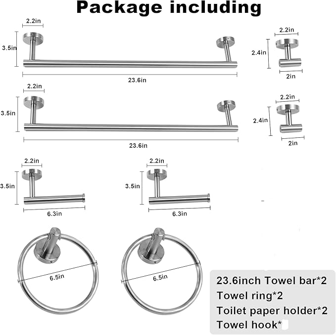 8 Pieces Bathroom Towel Rack Set, Includes 2PCS 23.6 inch Towel bar, 2PCStowel Hook, 2 PCS Towel Ring, 2PCS Toilet Paper Holder-Brushed Nickel Bathroom Accessories Sets