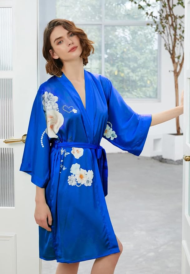Ledamon Women's Kimono Short Robe - Classic Floral Bathrobe Nightgown
