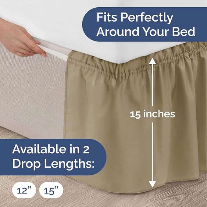 Wrap Around Dust Ruffle Bed Skirt - Khaki - for Full Size Beds w/ 15 Inch Drop - Easy Fit Elastic Strap - Adjustable Pleated Bedskirt w/Brushed Fabric - Wrinkle Free - for Women, Men, Kids & Teens