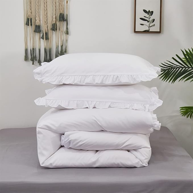 Cottonight Ruffle White Comforter Set California King Farmhouse Shabby Bedding Comforter Set Ruffled Friange White Blanket Quilts Cotton Soft Breathable Bedding Set for Cal King Bed