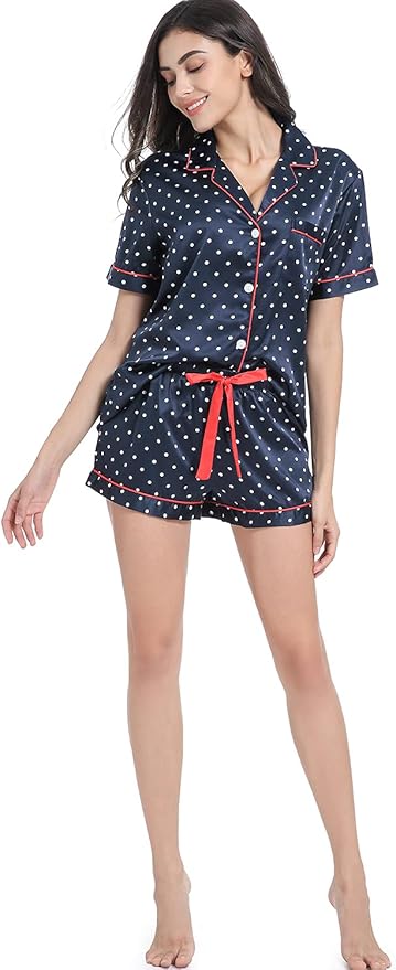 Women's Satin Pajama Set 2-Piece Sleepwear Loungewear Button Down Short Sleeve Silky PJ Set