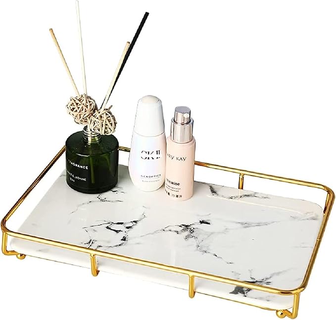 Vanity Tray Makeup Organizer Cosmetics Storage Bathroom Skincare Organizer Countertop Display Rack in Dresser Stainless Steel Shelf Marble Print Ceramic Trays