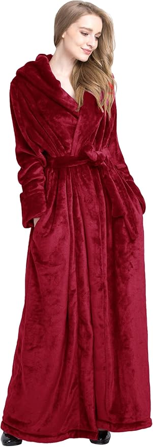 Women's Plush Robe Extra Long Robe with Pockets Thicken Soft Warm Bathrobe