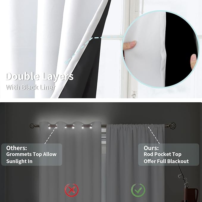 BGment Thermal Insulated 100% Blackout Curtains for Bedroom with Black Liner, Double Layer Full Room Darkening Noise Reducing Rod Pocket Curtain (42 x 63 Inch, Pure White, 2 Panels)