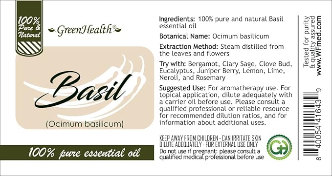 Basil Essential Oil – 16 fl oz (473 ml) Amber Glass Bottle – 100% Pure, Undiluted, Therapeutic Grade – Fresh, Herbaceous Aroma – GreenHealth