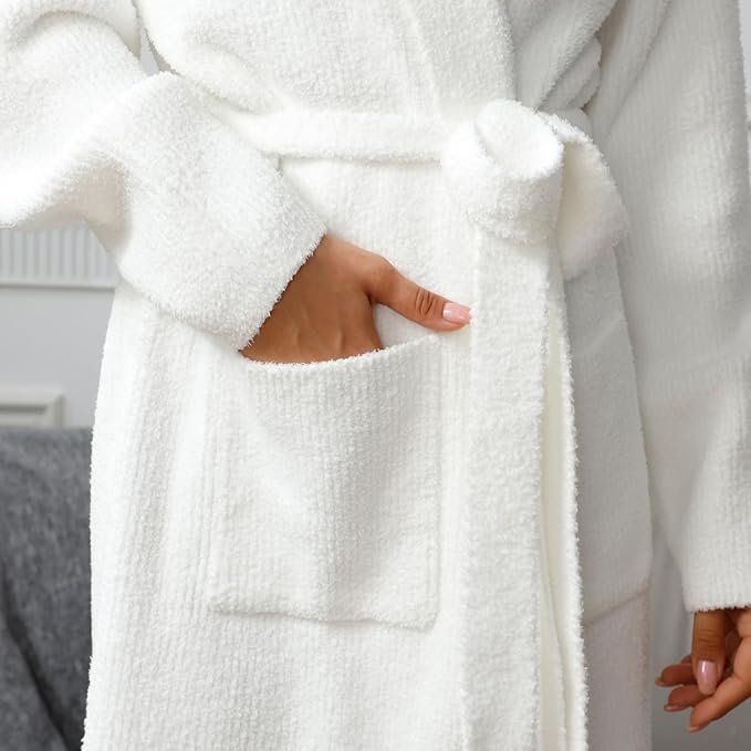 MH MYLUNE HOME Ultra Soft Robe With Pockets, Spa Bathrobe Loungewear Calf-Length, Plush Fuzzy Fluffy Wrap Robe for Women